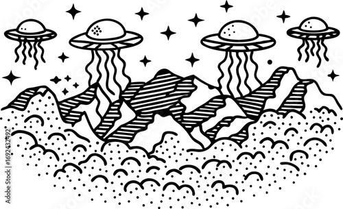 Unidentified flying objects hovering over mountain landscape alien spacecraft above peaks and clouds, mysterious extraterrestrial encounter