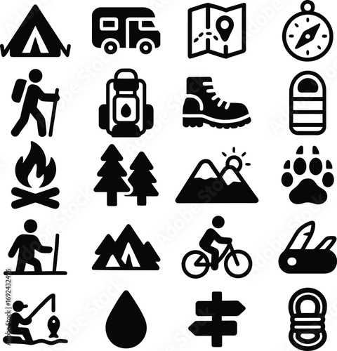 Outdoor adventure travel icons set for camping hiking biking and exploration