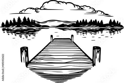 Wooden lake dock with calm water, pine trees and distant mountains peaceful landscape, black and white illustration