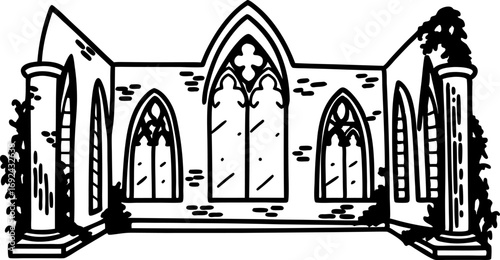 Gothic cathedral ruins with arched windows and climbing ivy old stone wall, historical architecture, abandoned building
