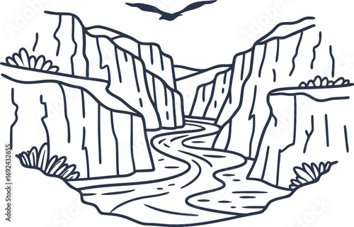 Winding river and canyon landscape with soaring bird overhead majestic valley cliffs, natural rock formation scene