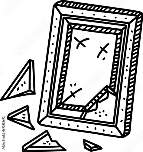 Shattered broken picture frame with sad face sketch, black and white hand drawn illustration, glass fragments