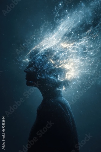 Cosmic Mind - Silhouette with Exploding Nebula of Thought and Energy.