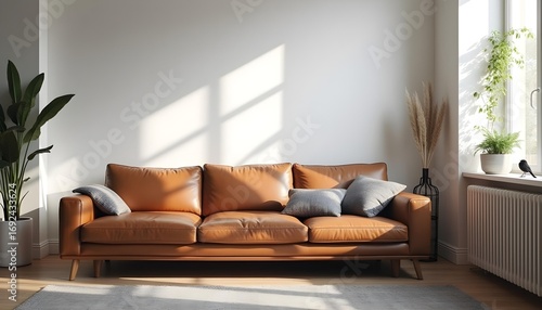 Cozy living room with a warm leather sofa and natural light