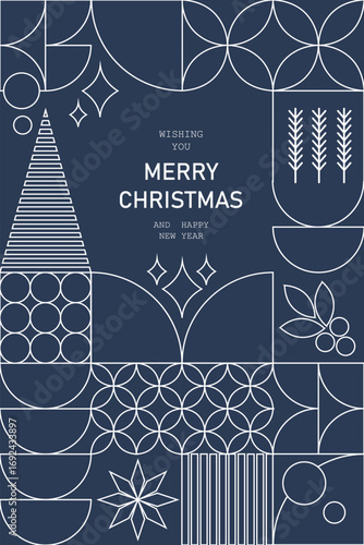 Trendy geometric greeting card Merry Christmas and New Year. Mosaic Christmas banner, poster. Vector