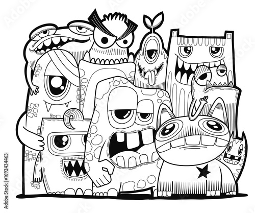 Hand-drawn illustrations, monsters doodle, Hand Drawn cartoon monster illustration,Cartoon crowd doodle hand-drawn Doodle style.black and white stripes coloring  book.