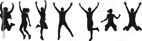 Silhouettes of diverse group jumping energetically in air, expressing joy, freedom, happiness, celebration, motion, togetherness, active lifestyle, fitness, and fun.