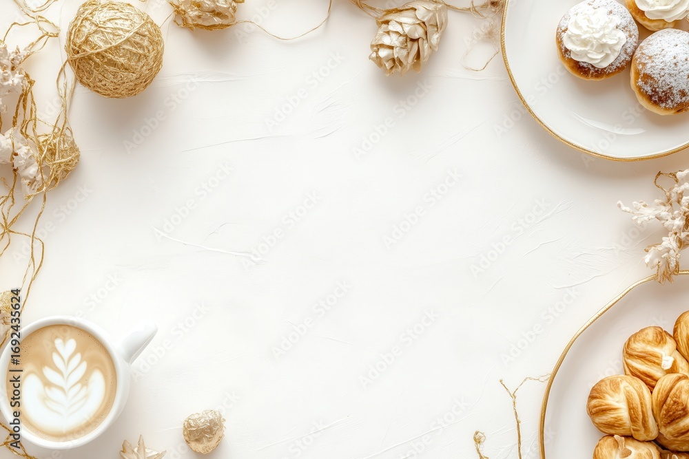 Obraz premium Xícara de café elegante com detalhes dourados, acompanhada de doces e decorações festivas em fundo branco, criada com IA generativa para um visual sofisticado e convidativo