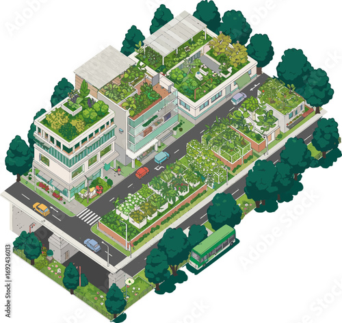 Urban farming integrates green rooftops and street-level gardens into a city neighborhood.
