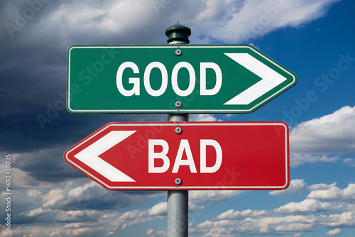 Green good sign points right red bad sign points left against sky