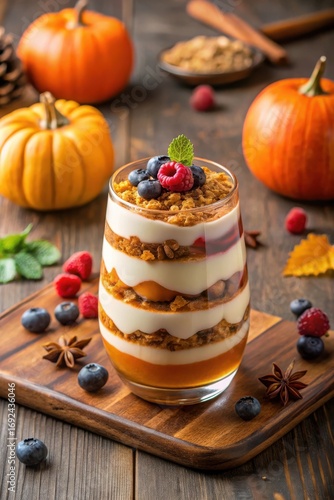 Photo of a layered parfait dessert in a glass, featuring yogurt, granola, and berries, served alongside fresh pumpkins and autumn leaves for a festive fall treat