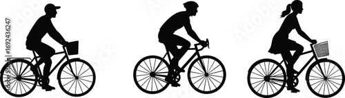 Silhouettes of diverse people riding bicycles, including men and woman, showcasing outdoor activity, fitness, and transportation on white background.