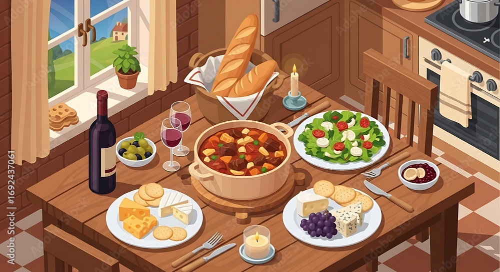 Fototapeta premium A dining table laden with a hearty stew, bread, wine, cheese, and salad in a cozy kitchen setting