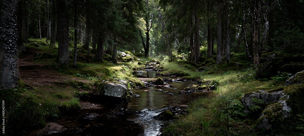 Obraz premium Serene forest stream landscape photography with trees rocks and nature scenic view for desktop background