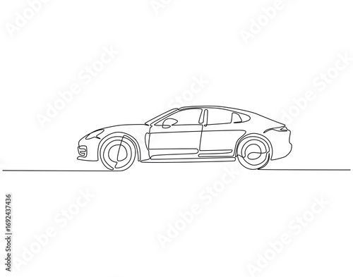 Continuous line drawing of modern car. Single line illustration of modern car side view. Modern auto vehicle concept. Editable outline
