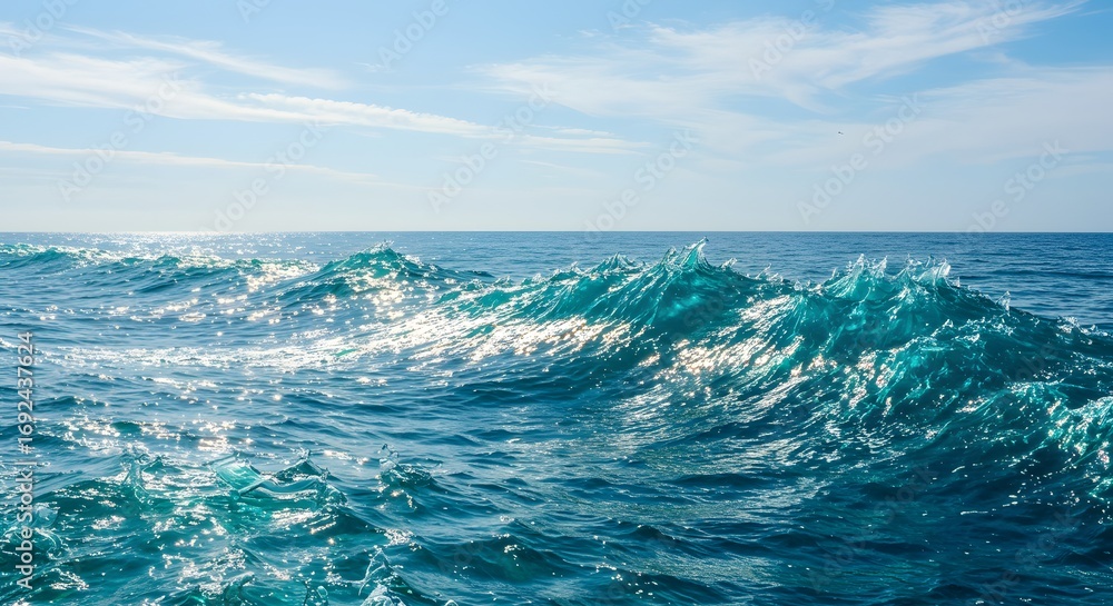 Fototapeta premium Captivating ocean waves under a bright blue sky. The waves are cresting and creating a mesmerizing sight