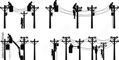Silhouettes of electrical linemen working on power poles, climbing, repairing, maintaining utility lines with safety harness and equipment vector illustration