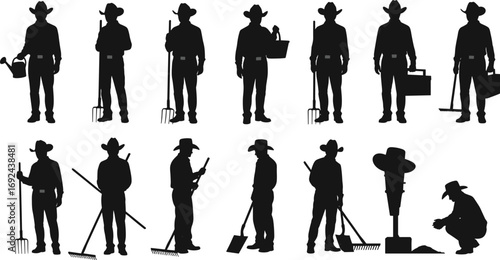 Silhouettes of farmers and ranchers with garden tools, watering can, bucket, rake, shovel, and hat, outdoor rural worker vector