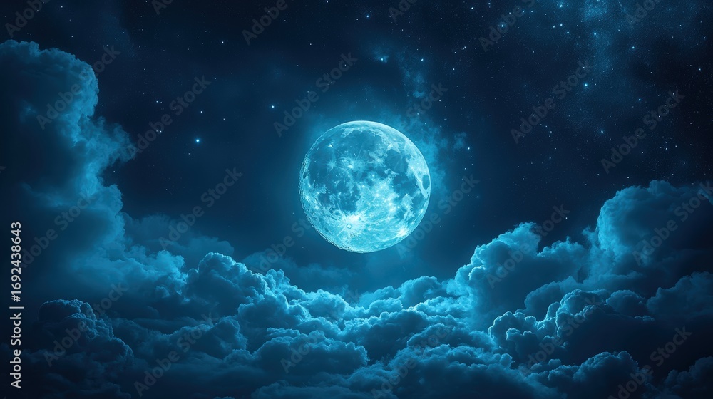 Fototapeta premium A luminous blue moon shines brightly in a starry sky, surrounded by soft clouds, creating a serene and enchanting nighttime atmosphere.