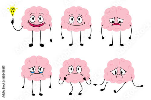 Happy tired burnout depression cartoon brain set. Brain with low charge, depression, burnout, lack energy and power with high energy. Stock vector illustration isolated on white background.
