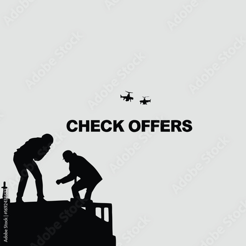 Two silhouettes at cliff edge with flying drones and text "check offers"
