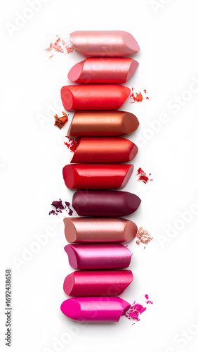 Broken Lipstick Pieces on White Background
