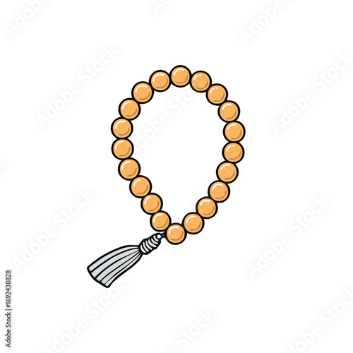 Illustration of a prayer bead necklace with a tassel, commonly used for meditation.