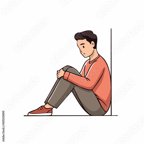 A cartoon illustration of a young man sitting on the floor, looking down, and appearing sad.
