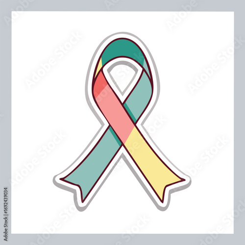 Illustration of a ribbon with a teal, pink, and yellow color scheme, representing awareness.