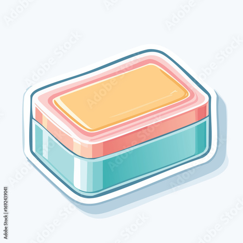 Illustration of a bar of soap inside a colorful, rectangular soap dish.