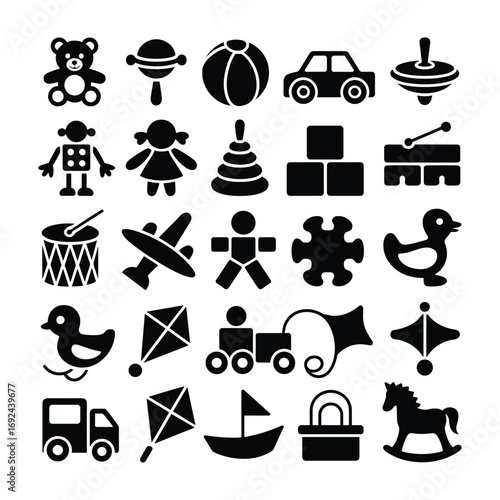 A collection of 27 black toy silhouettes on a white background teddy bear rattle