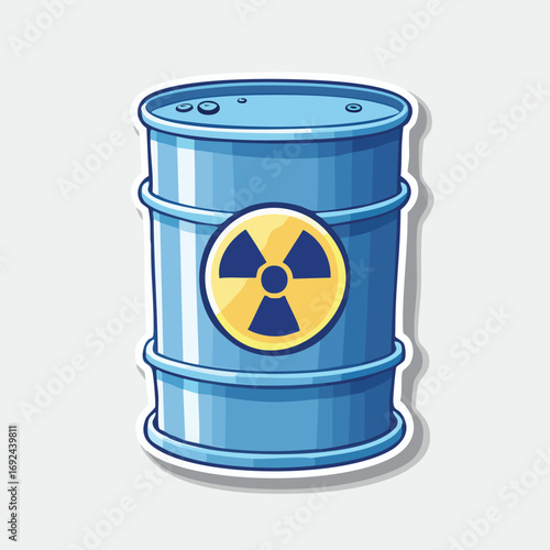 Cartoon illustration of a blue barrel with a yellow radiation symbol, representing hazardous waste.
