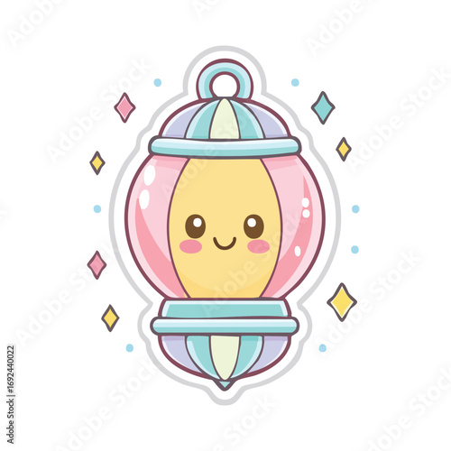 Cute cartoon lantern with a smiling face, surrounded by sparkling stars, in a kawaii style.