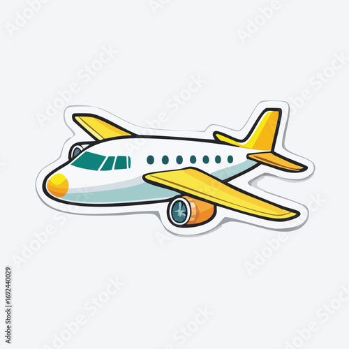 Cartoon illustration of a white airplane with yellow wings and a blue cockpit, isolated.