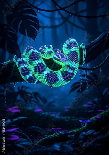 Fototapeta Naklejka Na Ścianę i Meble -  Serpentine luminescence: A surreal depiction of a vibrant snake in a mystical jungle setting where the unreal becomes