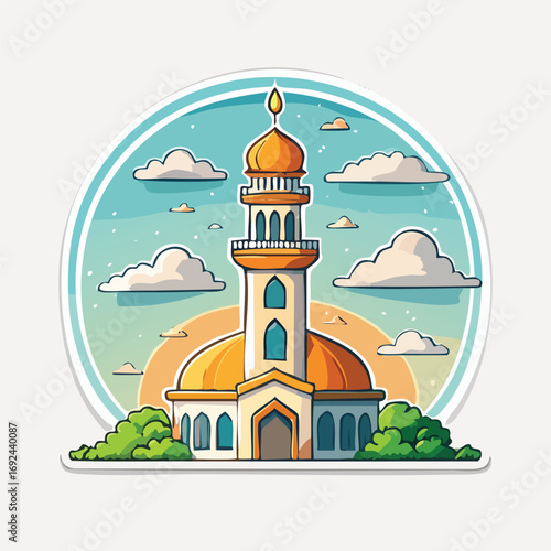 A colorful illustration of a mosque with a minaret, clouds, and a blue sky background.
