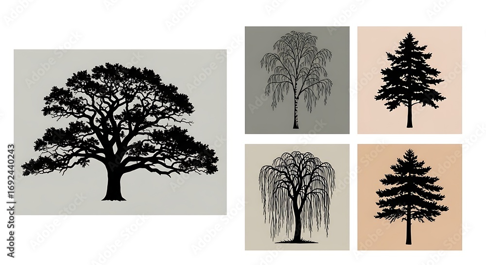 Fototapeta premium Diverse Tree Silhouettes Collection for Design Projects.
