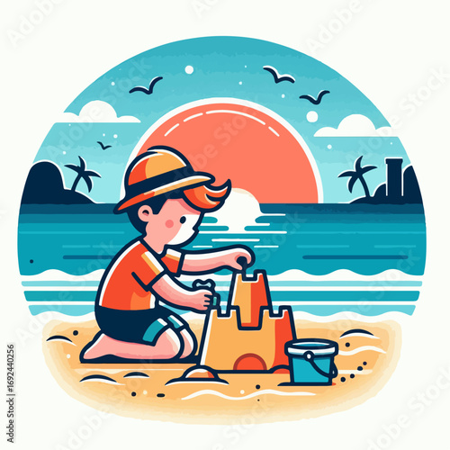 Illustration of a boy making a sand castle on the beach