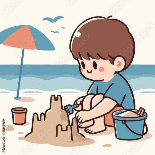 Illustration of a boy making a sand castle on the beach