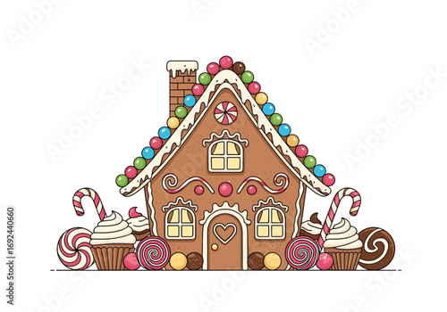Sweet gingerbread house decorated with colorful candies and frosting for christmas holidays