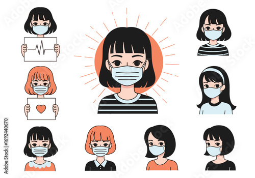 Set of illustrations of girls wearing face masks for protection against coronavirus