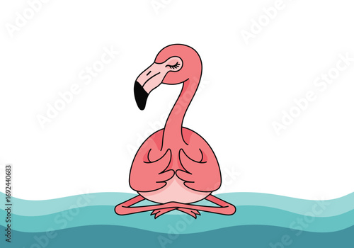 A relaxed pink flamingo sits in a zen yoga pose amidst gentle blue waves