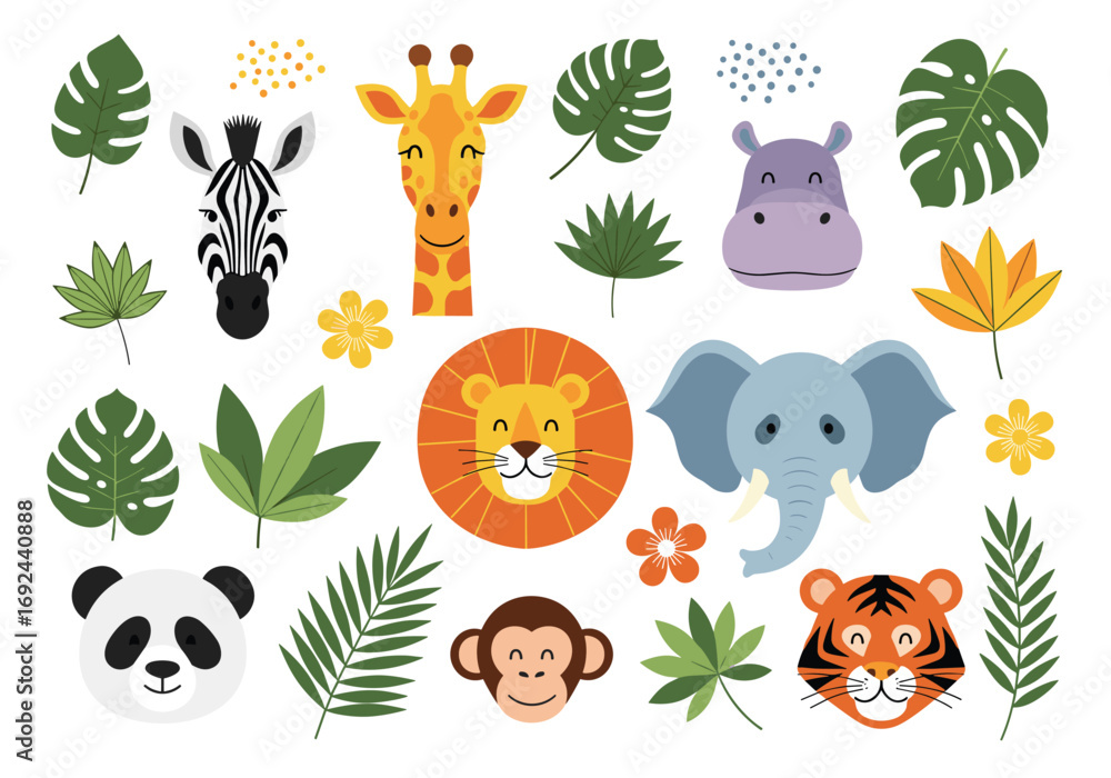 Fototapeta premium Adorable jungle animals and tropical leaves collection for childrens designs