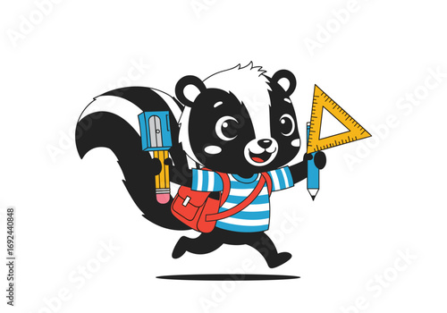 Cute cartoon skunk student carrying school supplies in backpack and holding ruler pencil and sharpener