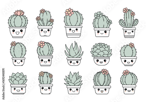 Adorable kawaii cacti and succulents in cute planters collection