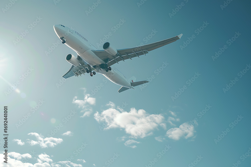 Obraz premium 雲間を抜ける旅客機と青空 ダイナミック空撮