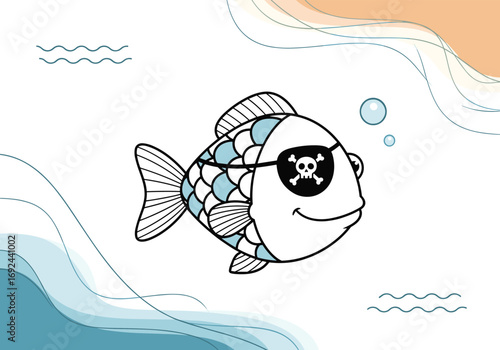 A playful cartoon pirate fish wearing an eyepatch and floating in the ocean