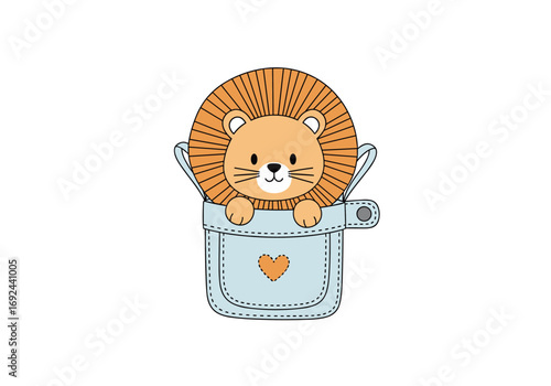 Adorable cute cartoon lion cub peeking from a denim pocket with a heart accent
