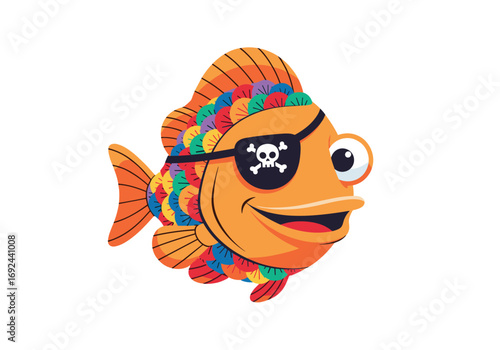 A colorful fish wearing an eye patch with a skull and crossbones symbol