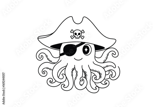 An adorable octopus pirate wearing a hat with a skull and crossbones and an eyepatch